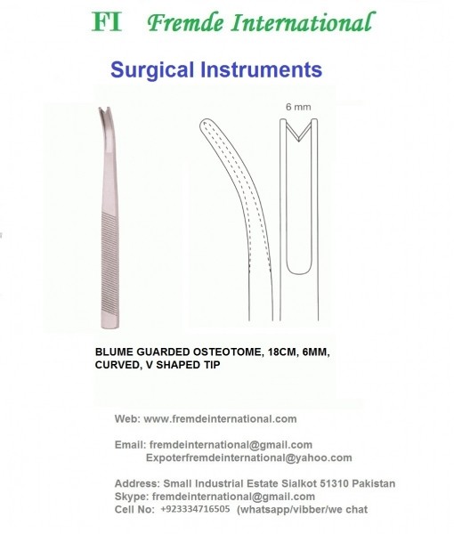 BLUME GUARDED OSTEOTOME, 18CM, 6MM, CURVED, V SHAPED TIP border=